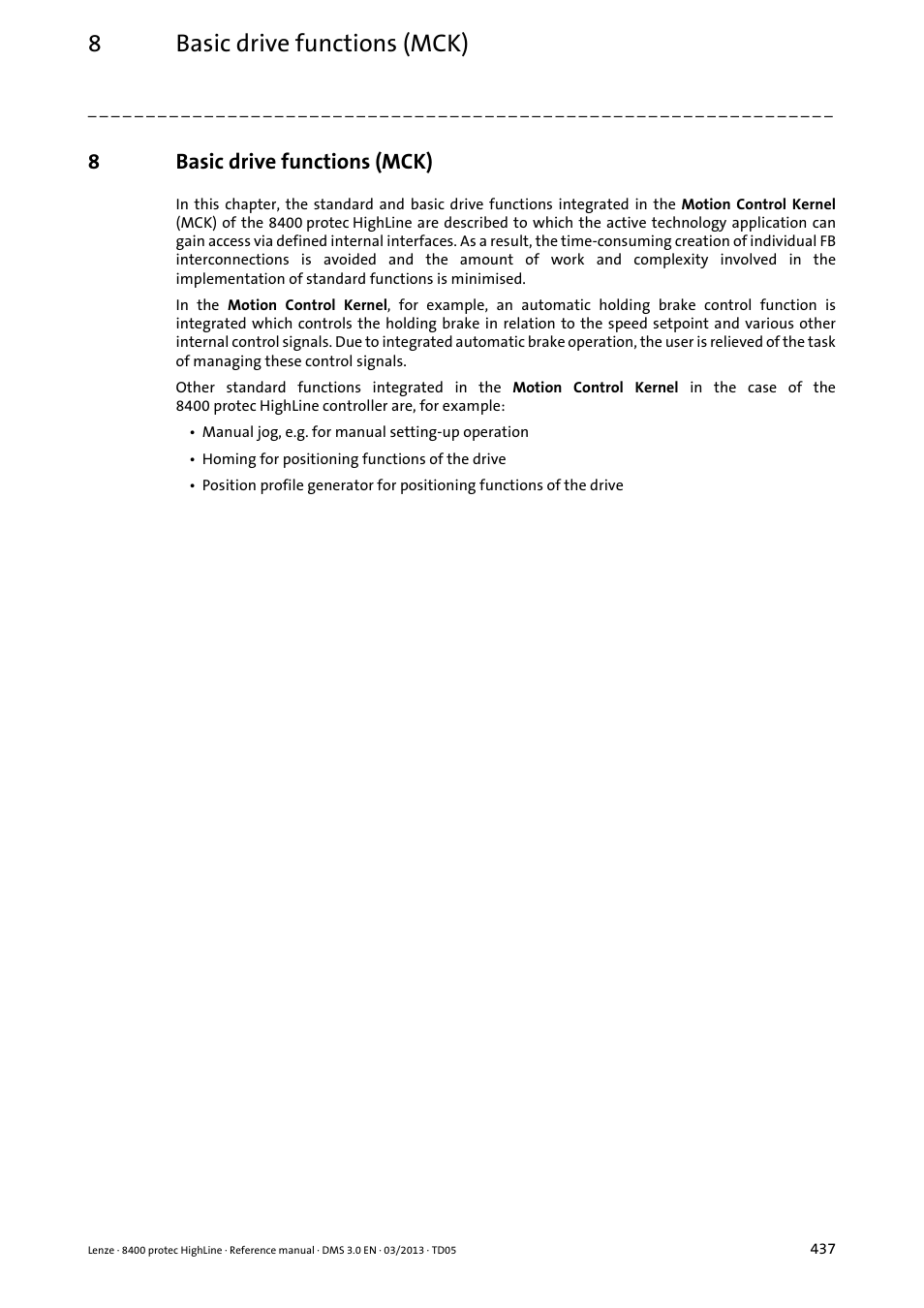 8 basic drive functions (mck), Basic drive functions (mck), 8basic drive functions (mck) | Lenze 8400 User Manual | Page 437 / 1494