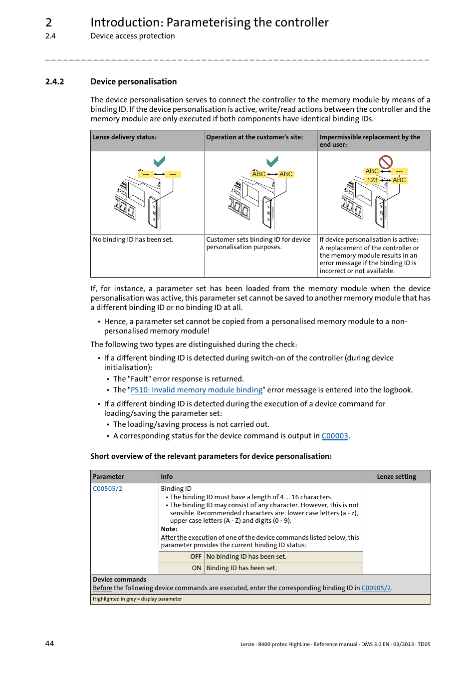 2 device personalisation, Device personalisation, 2introduction: parameterising the controller | Lenze 8400 User Manual | Page 44 / 1494