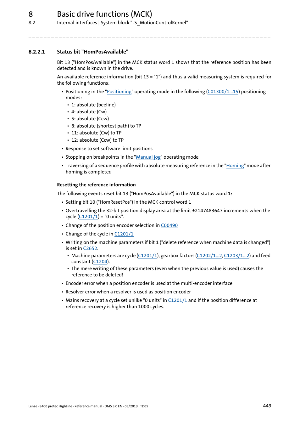 1 status bit "homposavailable, Status bit "homposavailable, 8basic drive functions (mck) | Lenze 8400 User Manual | Page 449 / 1494