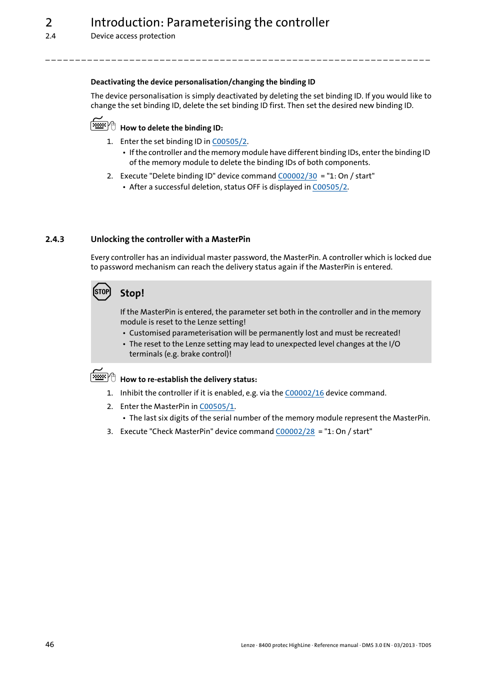 3 unlocking the controller with a masterpin, Unlocking the controller with a masterpin, 2introduction: parameterising the controller | Lenze 8400 User Manual | Page 46 / 1494