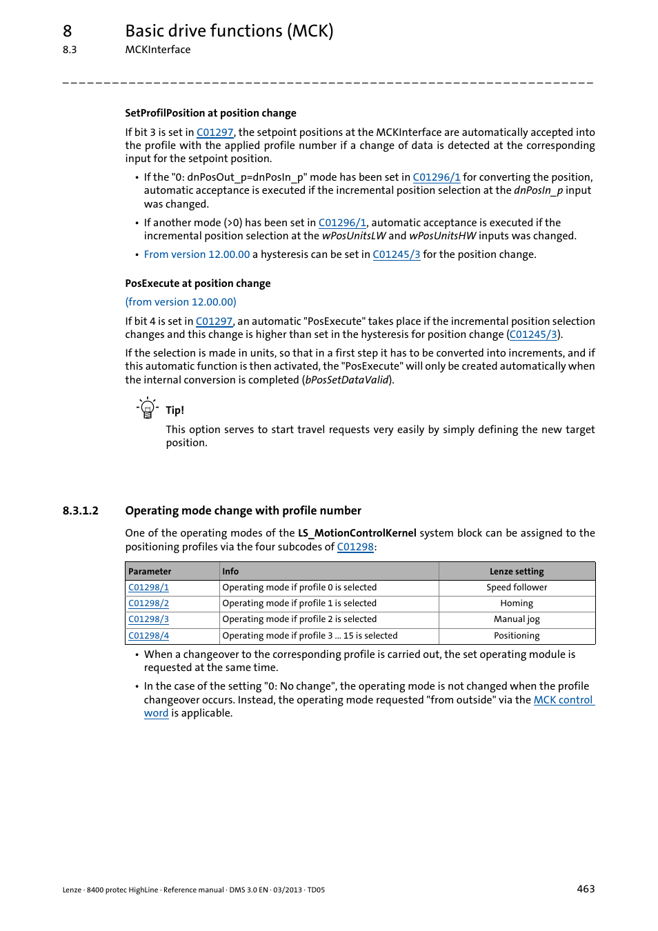 2 operating mode change with profile number, Operating mode change with profile number, 8basic drive functions (mck) | Lenze 8400 User Manual | Page 463 / 1494