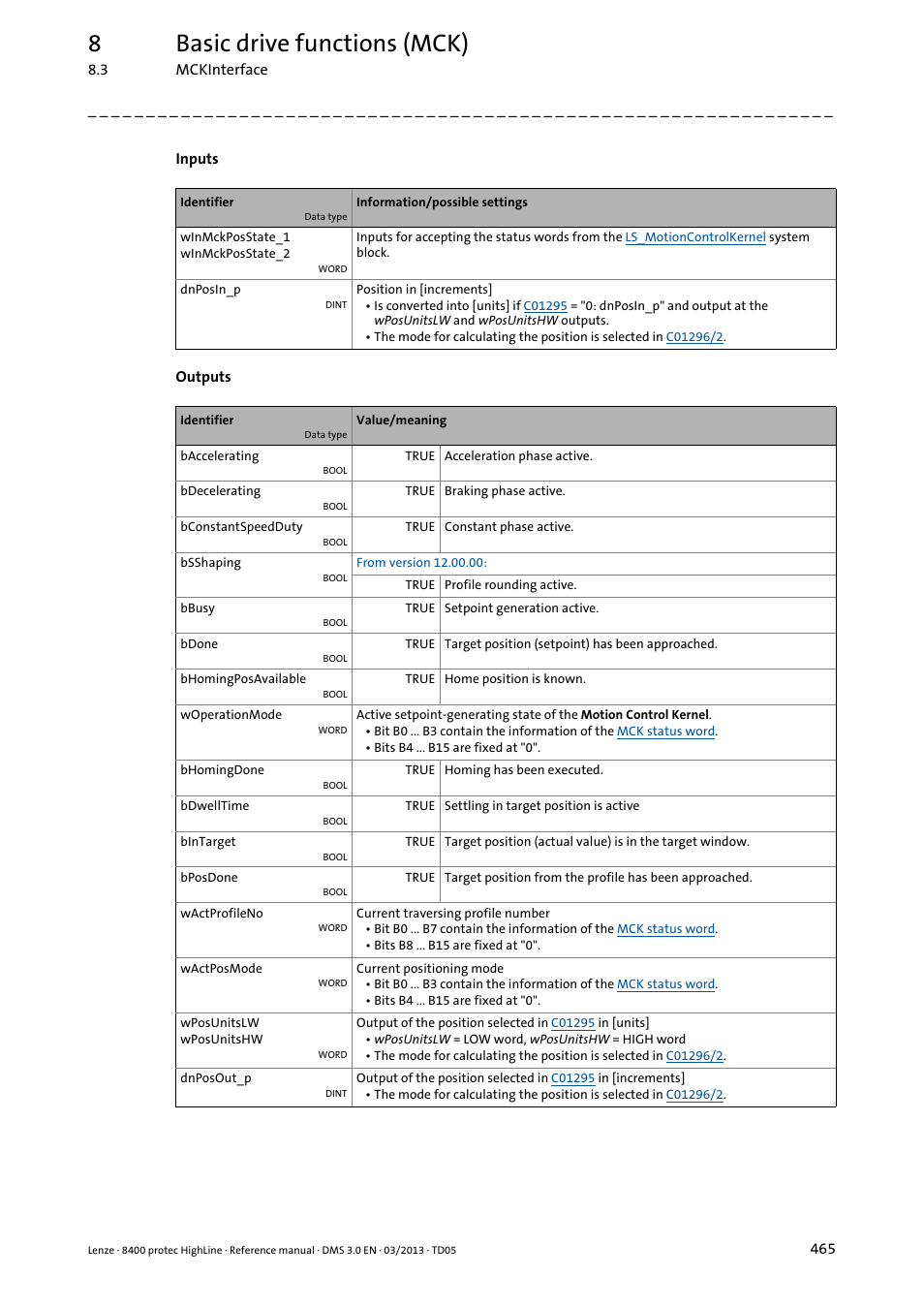 8basic drive functions (mck) | Lenze 8400 User Manual | Page 465 / 1494