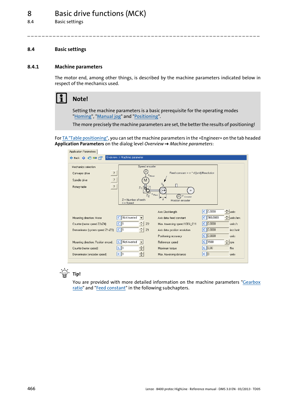 4 basic settings, 1 machine parameters, Basic settings | Machine parameters, Rrectly, 8basic drive functions (mck) | Lenze 8400 User Manual | Page 466 / 1494