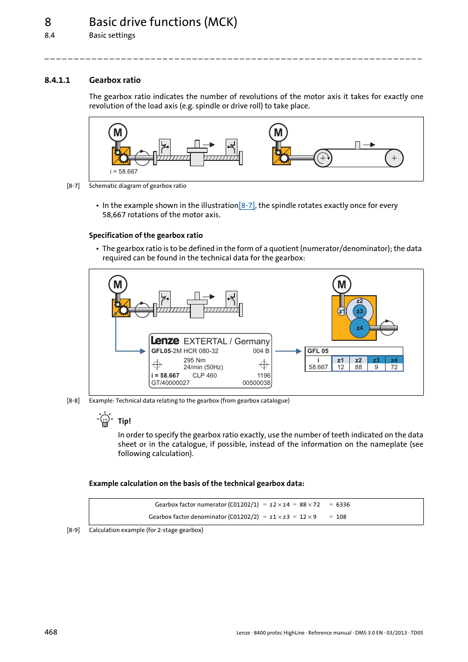 1 gearbox ratio, Gearbox ratio, Gearbox | Ratio, 8basic drive functions (mck) | Lenze 8400 User Manual | Page 468 / 1494