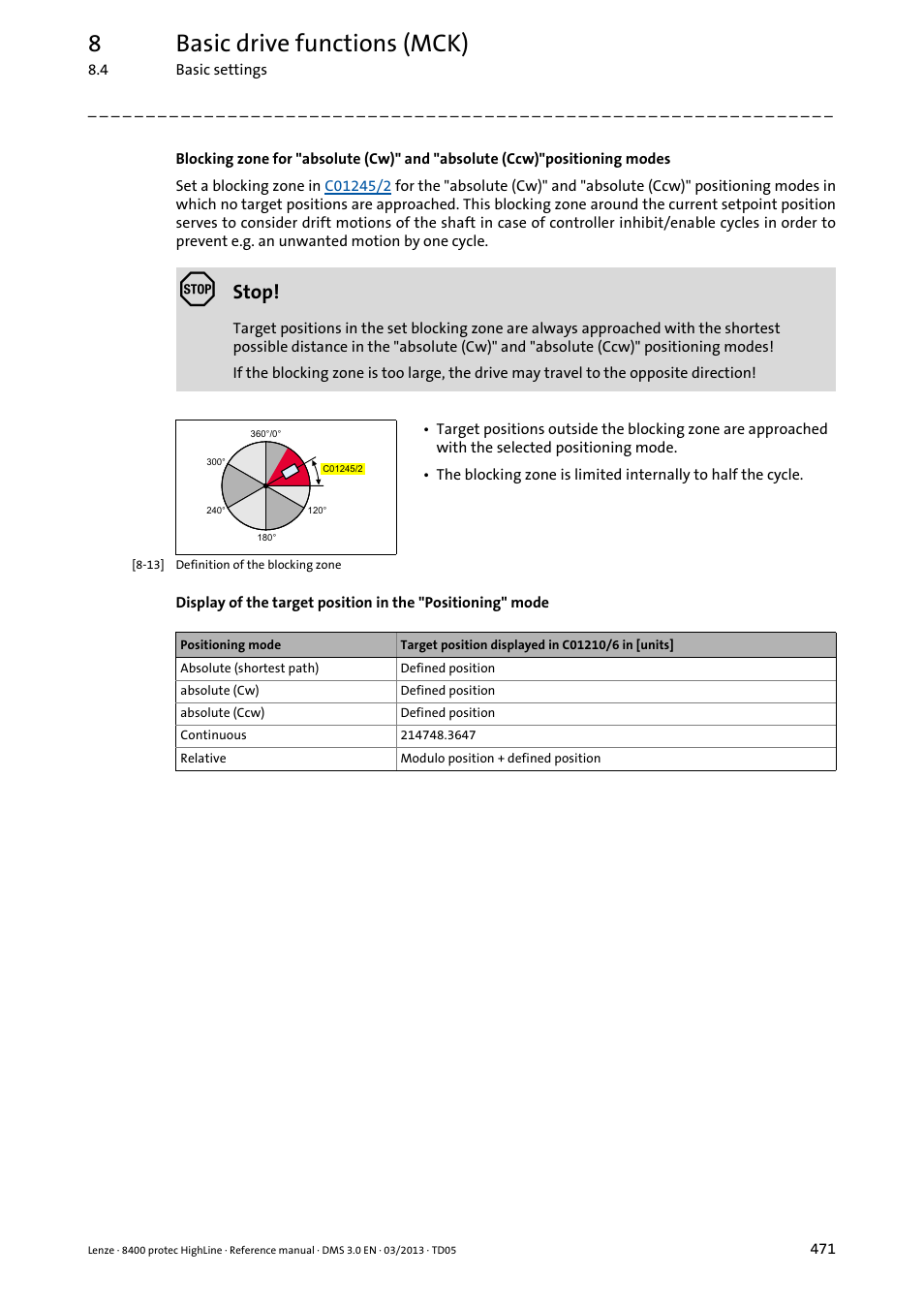 8basic drive functions (mck), Stop | Lenze 8400 User Manual | Page 471 / 1494