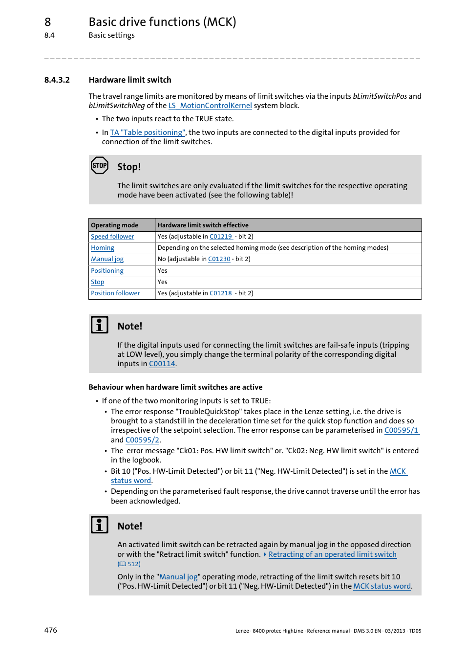 2 hardware limit switch, Hardware limit switch, Negativ | 8basic drive functions (mck), Stop | Lenze 8400 User Manual | Page 476 / 1494