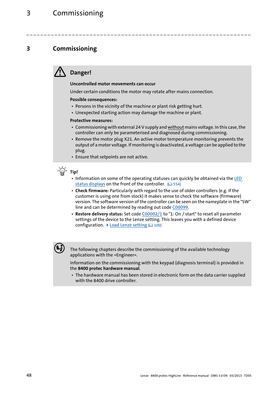 3 commissioning, Commissioning, 3commissioning | Lenze 8400 User Manual | Page 48 / 1494