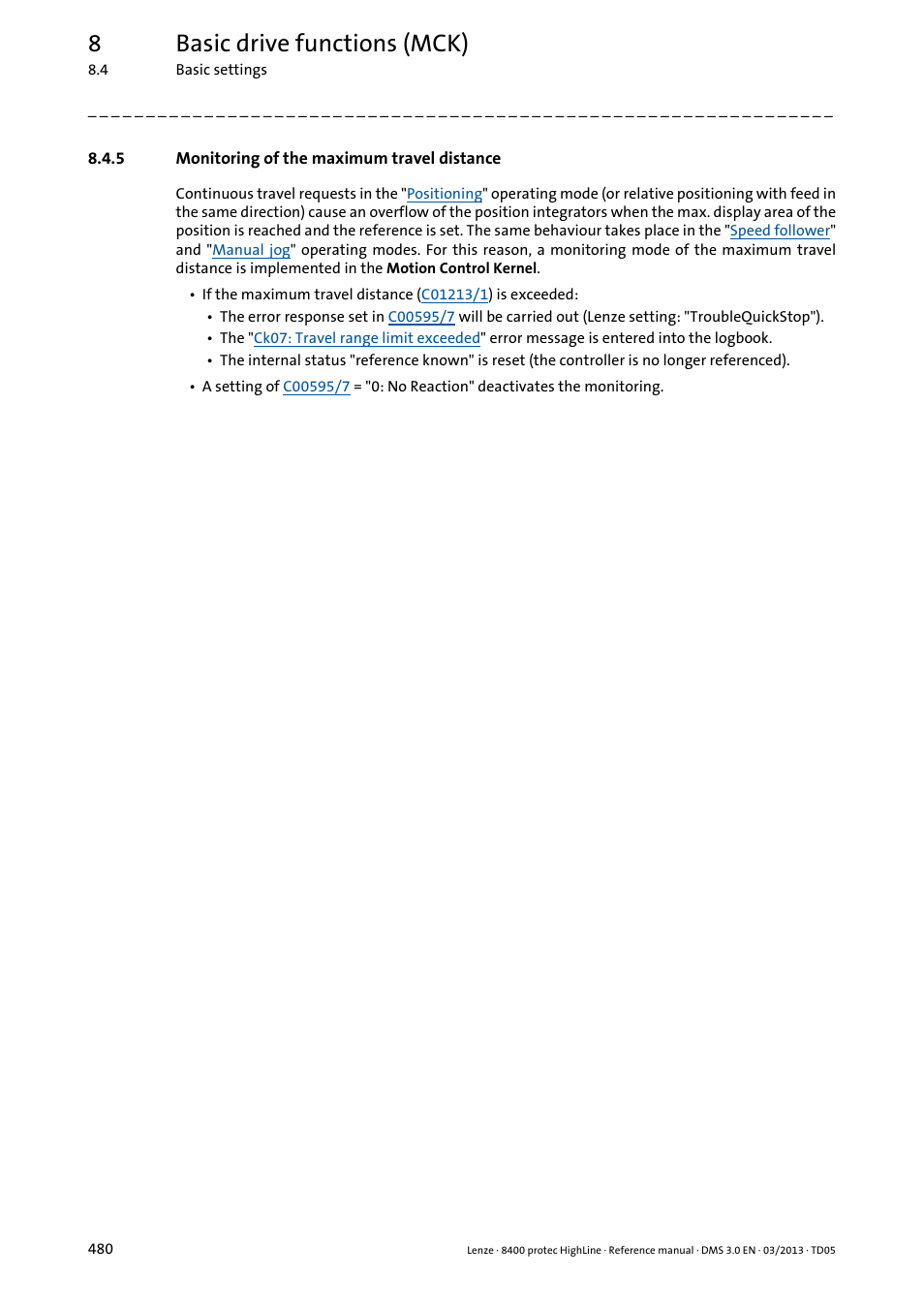 5 monitoring of the maximum travel distance, Monitoring of the maximum travel distance, 8basic drive functions (mck) | Lenze 8400 User Manual | Page 480 / 1494