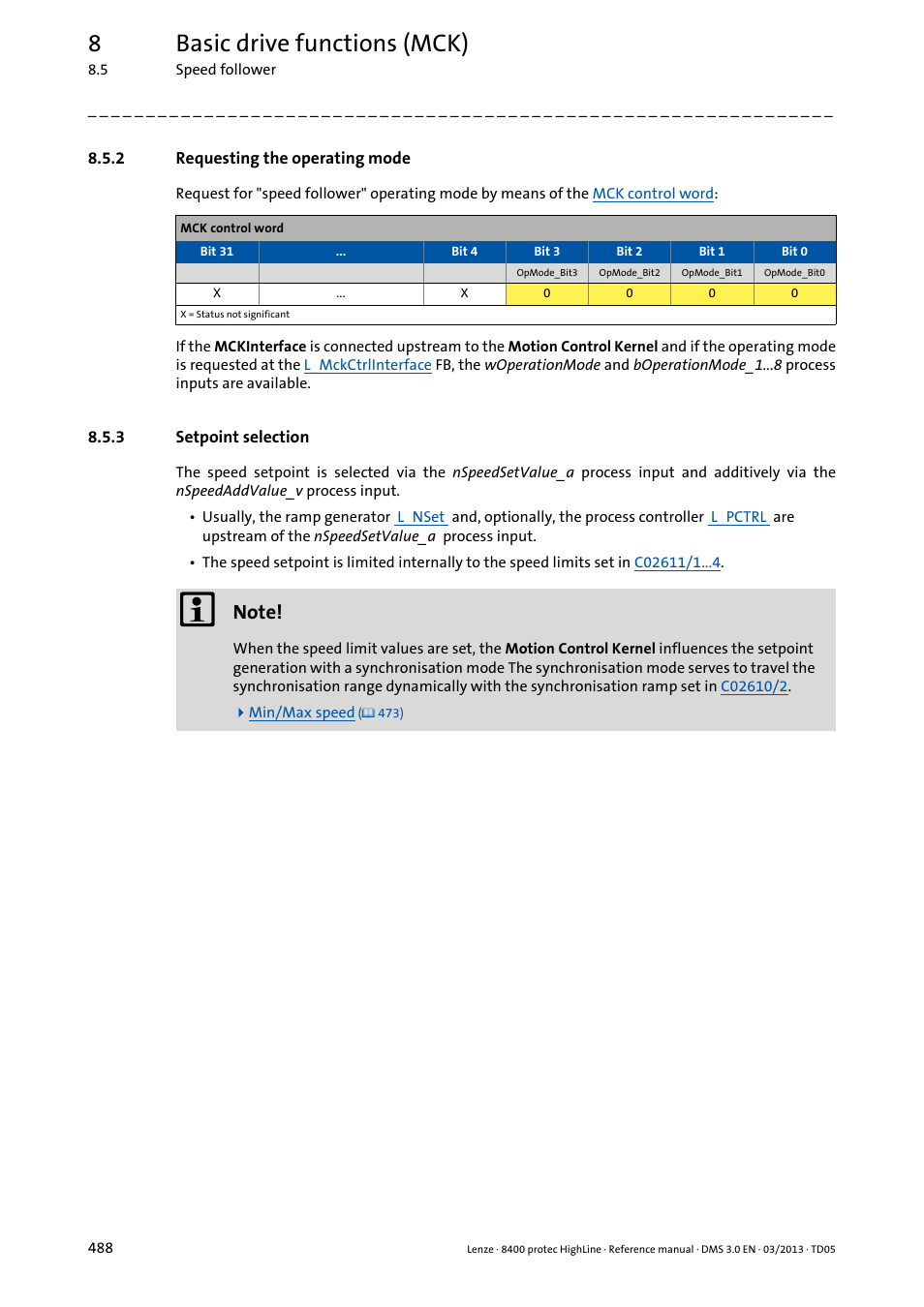 2 requesting the operating mode, 3 setpoint selection, Requesting the operating mode | Setpoint selection, 8basic drive functions (mck) | Lenze 8400 User Manual | Page 488 / 1494