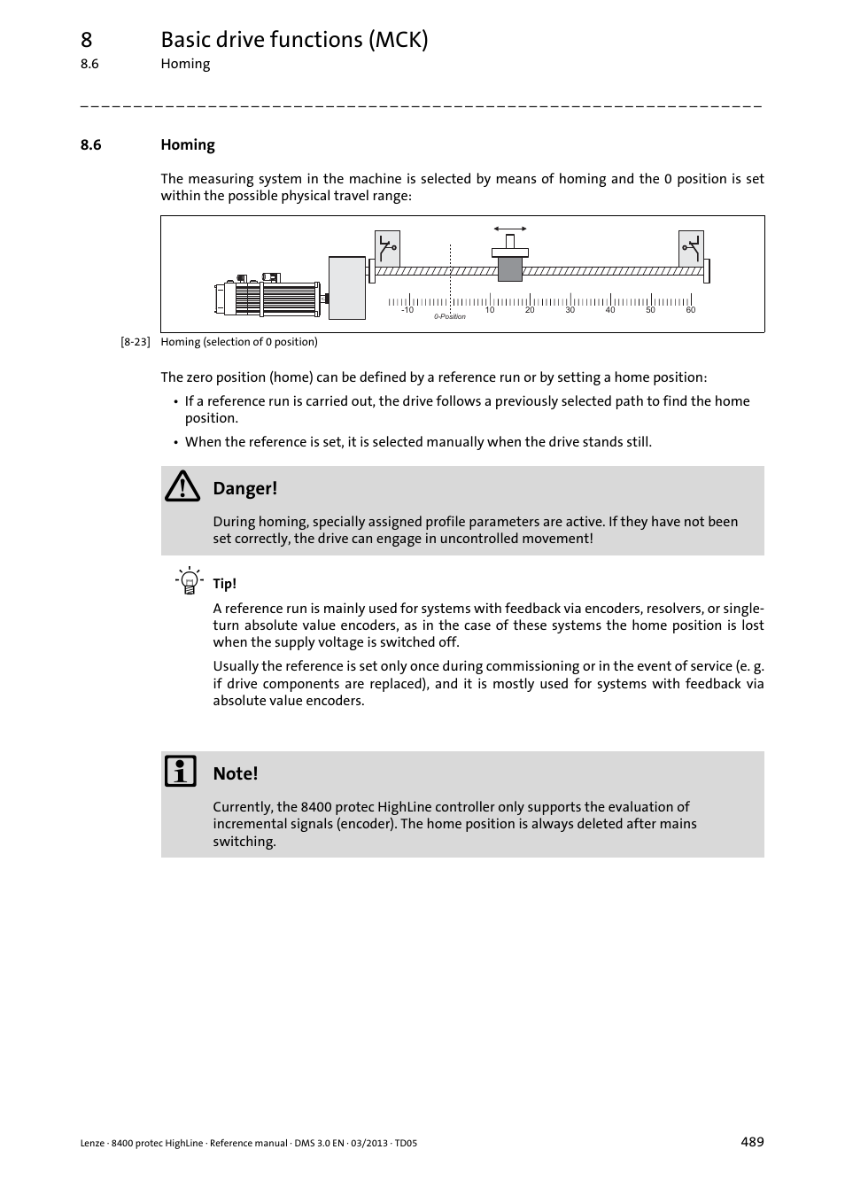 6 homing, Homing, Homing ( 489) | Mode, 8basic drive functions (mck) | Lenze 8400 User Manual | Page 489 / 1494