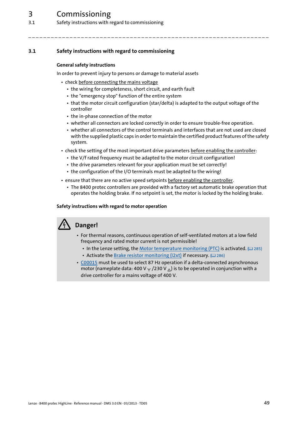 1 safety instructions with regard to commissioning, Safety instructions with regard to commissioning, 3commissioning | Danger | Lenze 8400 User Manual | Page 49 / 1494