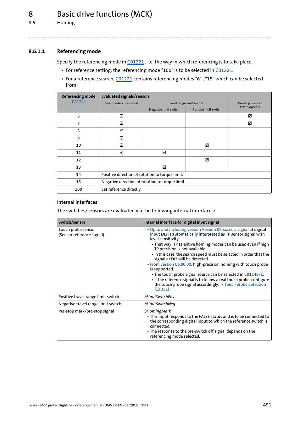 1 referencing mode, Referencing mode, 8basic drive functions (mck) | Lenze 8400 User Manual | Page 491 / 1494