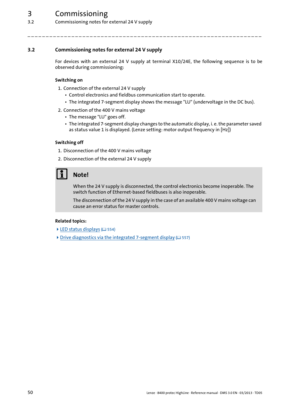 2 commissioning notes for external 24 v supply, Commissioning notes for external 24 v supply, 3commissioning | Lenze 8400 User Manual | Page 50 / 1494