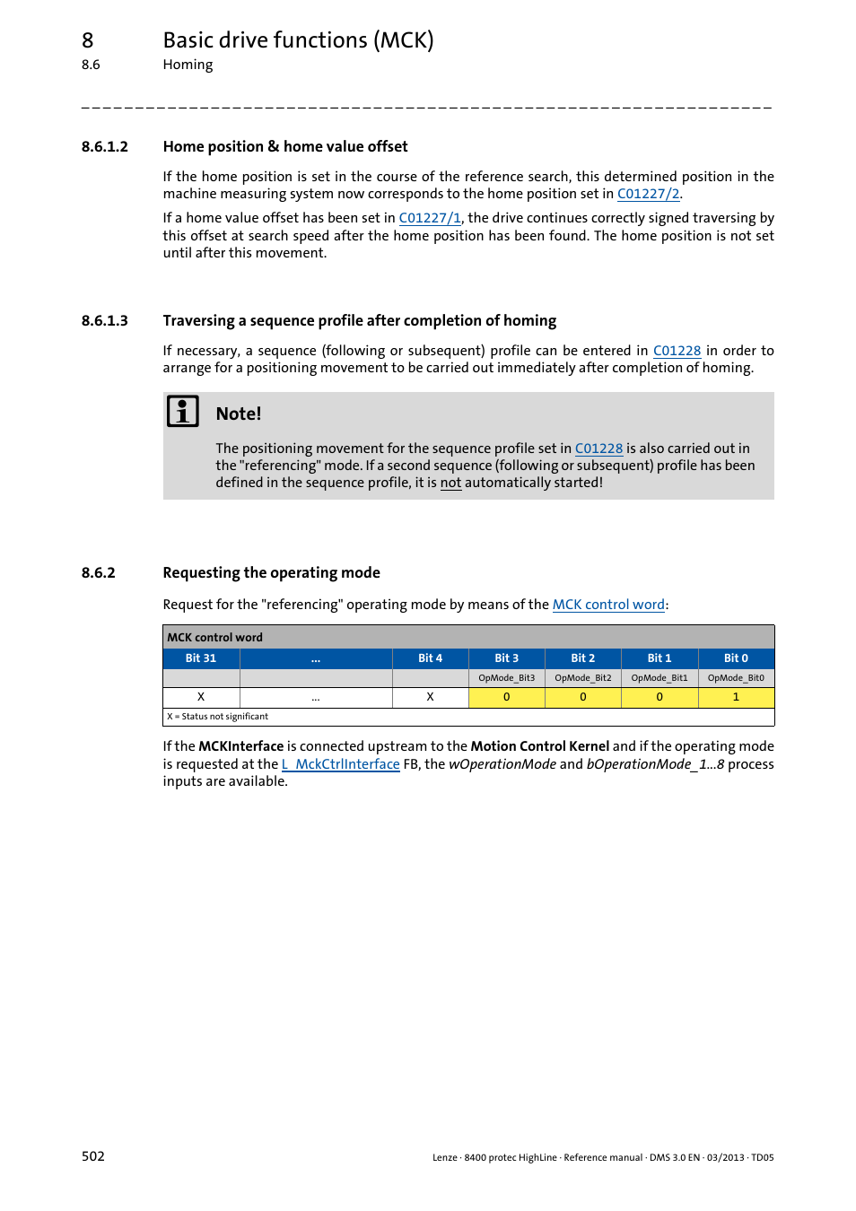 2 home position & home value offset, 2 requesting the operating mode, Home position & home value offset | Requesting the operating mode, 8basic drive functions (mck) | Lenze 8400 User Manual | Page 502 / 1494