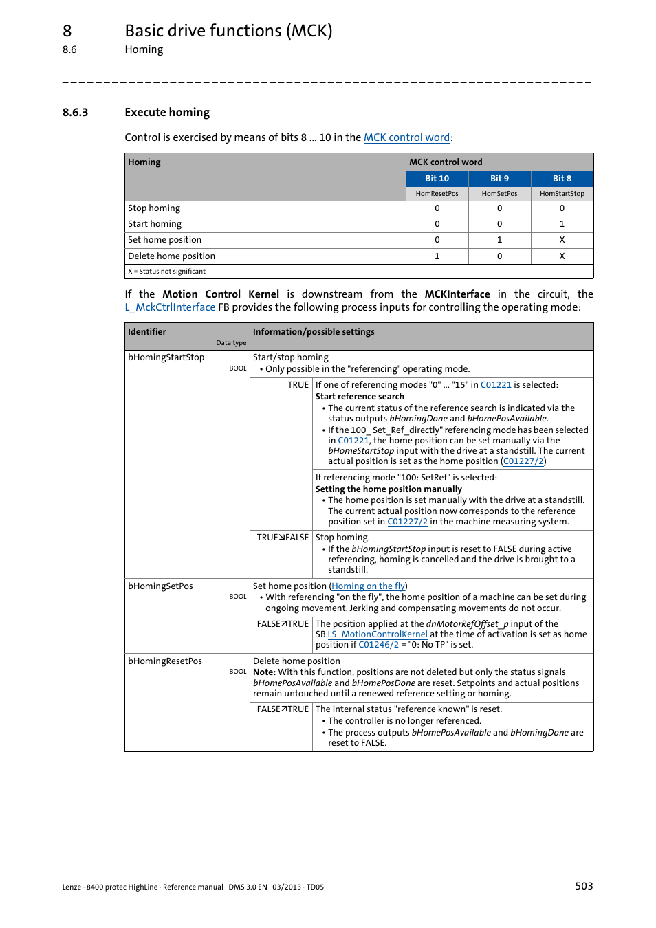 3 execute homing, Execute homing, 8basic drive functions (mck) | Lenze 8400 User Manual | Page 503 / 1494