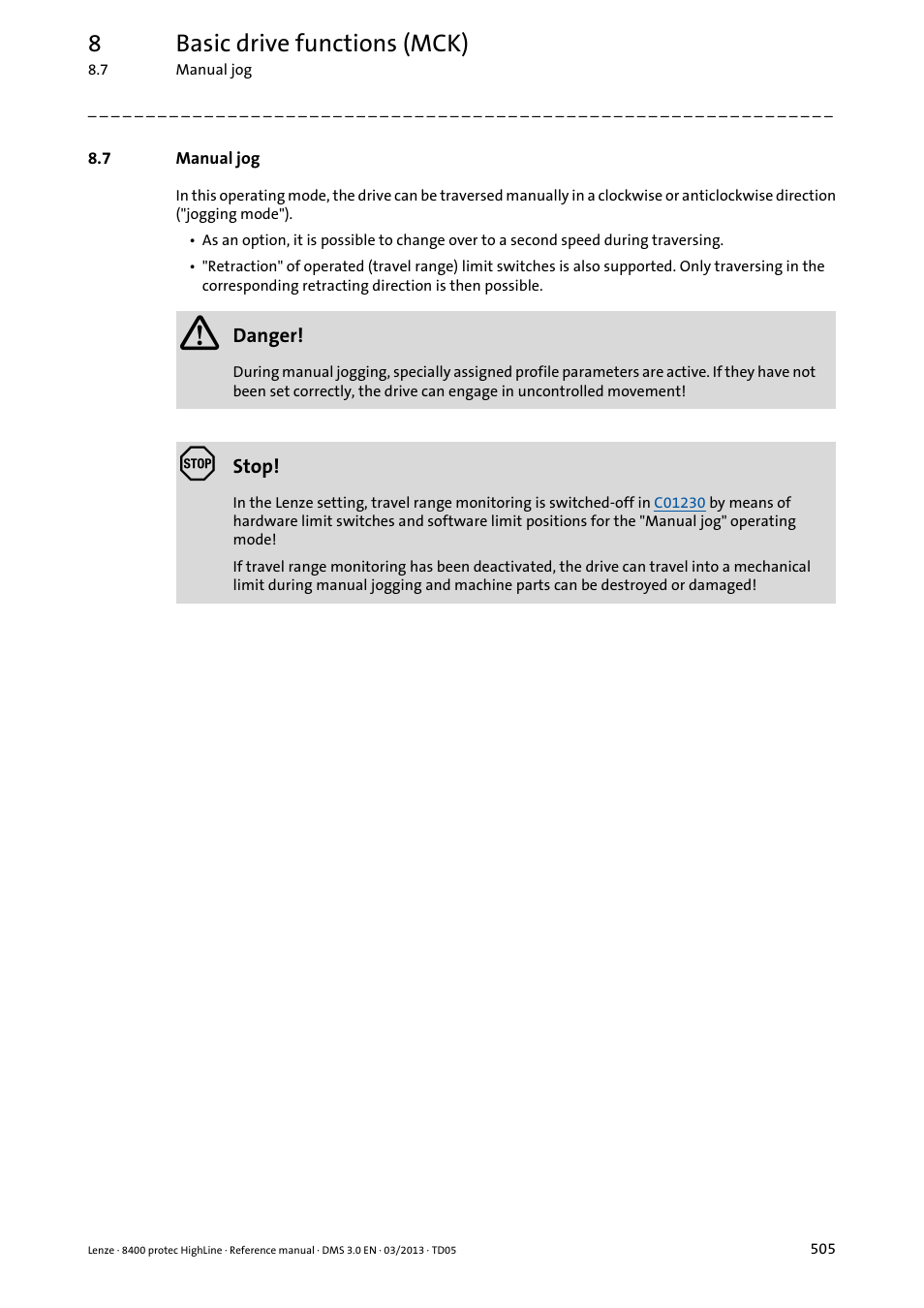 7 manual jog, Manual jog, Manual jog ( 505) | Perating mode, Mode is left, 8basic drive functions (mck) | Lenze 8400 User Manual | Page 505 / 1494