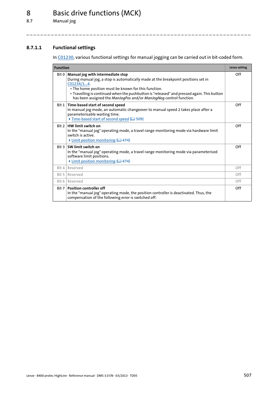 1 functional settings, Functional settings, 8basic drive functions (mck) | Lenze 8400 User Manual | Page 507 / 1494