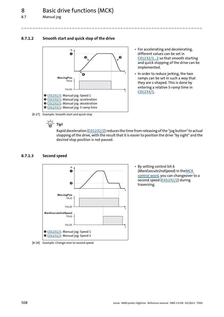 2 smooth start and quick stop of the drive, 3 second speed, Smooth start and quick stop of the drive | Second speed, 8basic drive functions (mck) | Lenze 8400 User Manual | Page 508 / 1494