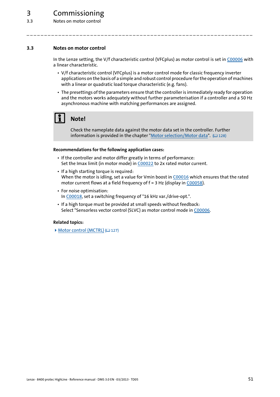 3 notes on motor control, Notes on motor control, 3commissioning | Lenze 8400 User Manual | Page 51 / 1494