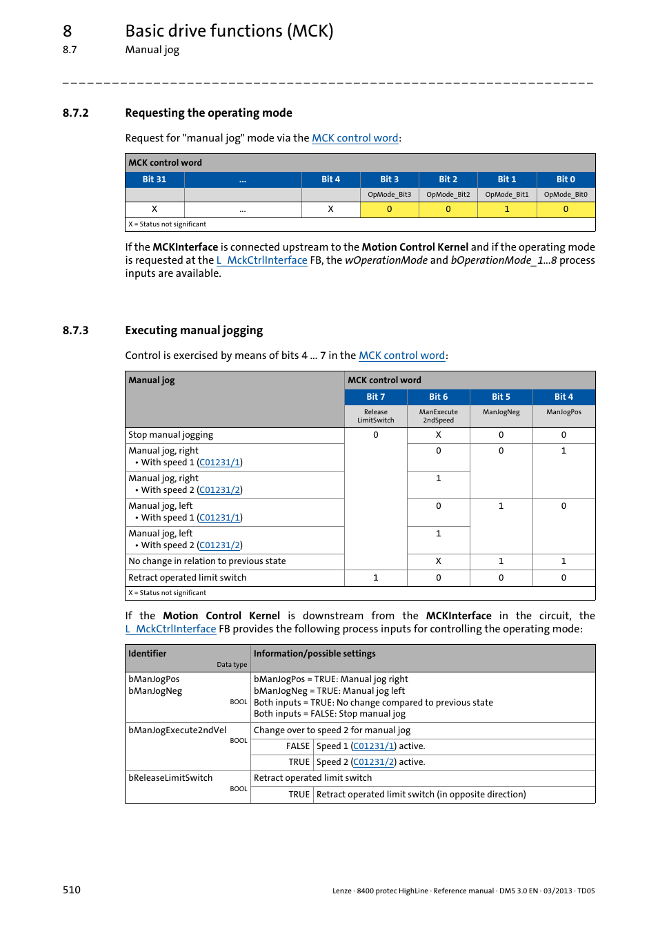 2 requesting the operating mode, 3 executing manual jogging, Requesting the operating mode | Executing manual jogging, 8basic drive functions (mck) | Lenze 8400 User Manual | Page 510 / 1494