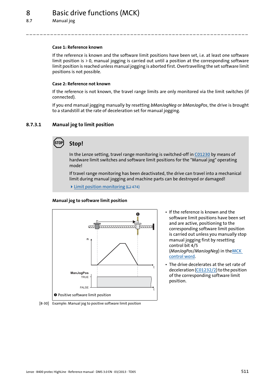 1 manual jog to limit position, Manual jog to limit position, 8basic drive functions (mck) | Stop | Lenze 8400 User Manual | Page 511 / 1494