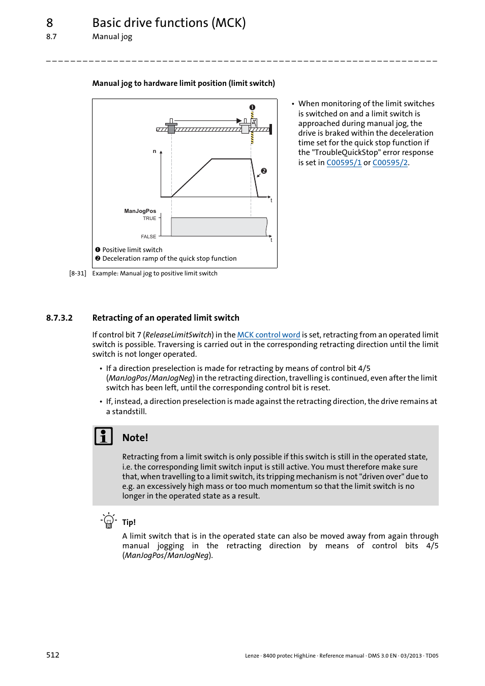 2 retracting of an operated limit switch, Retracting of an operated limit switch, Ch" function | 8basic drive functions (mck) | Lenze 8400 User Manual | Page 512 / 1494