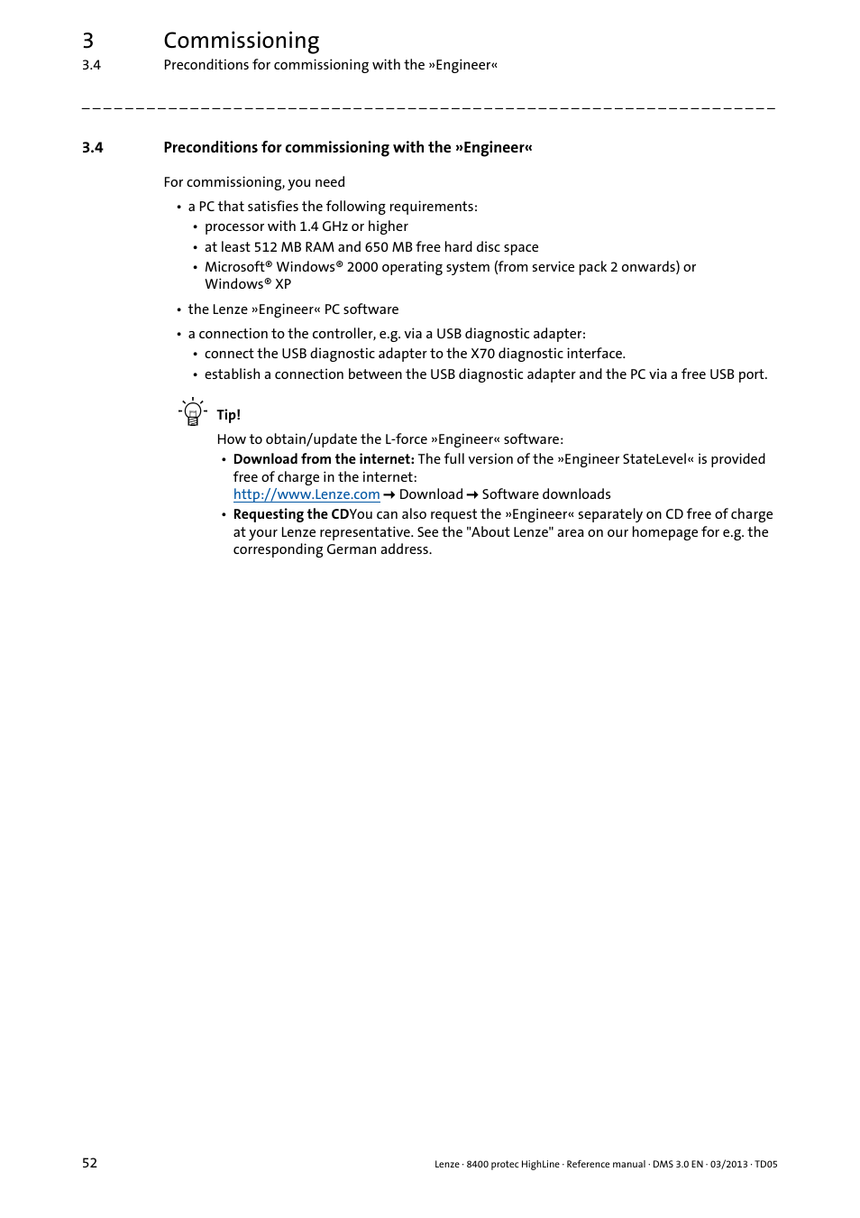 Preconditions for commissioning with the »engineer, 3commissioning | Lenze 8400 User Manual | Page 52 / 1494