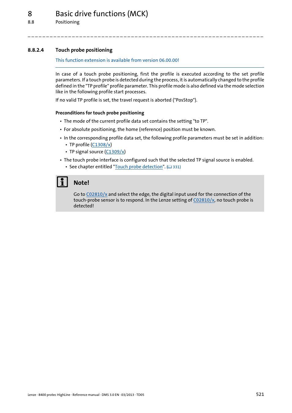 4 touch probe positioning, Touch probe positioning, Touch probe positioning ( 521) | 8basic drive functions (mck) | Lenze 8400 User Manual | Page 521 / 1494