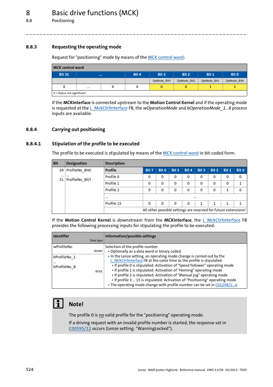 3 requesting the operating mode, 4 carrying out positioning, 1 stipulation of the profile to be executed | Requesting the operating mode, Carrying out positioning, Stipulation of the profile to be executed, Stipulation of the profile to be executed ( 524), 8basic drive functions (mck) | Lenze 8400 User Manual | Page 524 / 1494