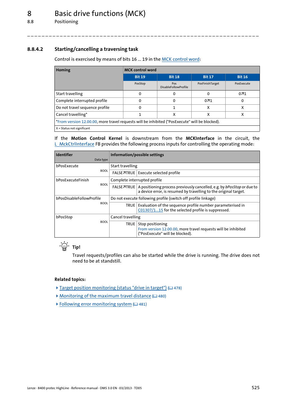 2 starting/cancelling a traversing task, Starting/cancelling a traversing task, 8basic drive functions (mck) | Lenze 8400 User Manual | Page 525 / 1494