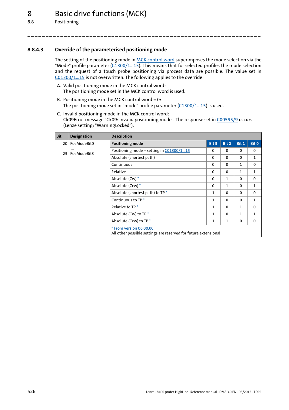 3 override of the parameterised positioning mode, Override of the parameterised positioning mode, 8basic drive functions (mck) | Lenze 8400 User Manual | Page 526 / 1494