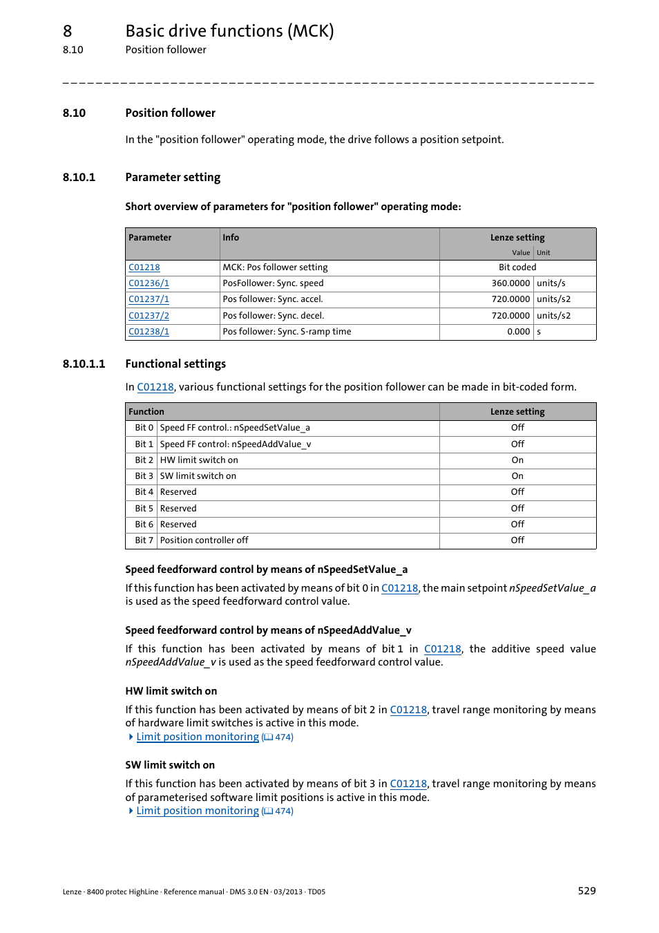 10 position follower, 1 parameter setting, 1 functional settings | Parameter setting, Functional settings, Position follower, Requ, 8basic drive functions (mck) | Lenze 8400 User Manual | Page 529 / 1494