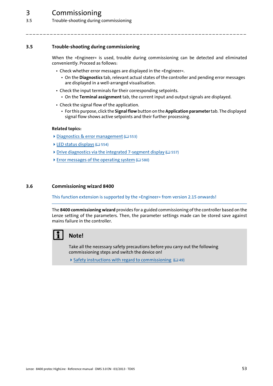 5 trouble-shooting during commissioning, 6 commissioning wizard 8400, Trouble-shooting during commissioning | Commissioning wizard 8400, 3commissioning | Lenze 8400 User Manual | Page 53 / 1494