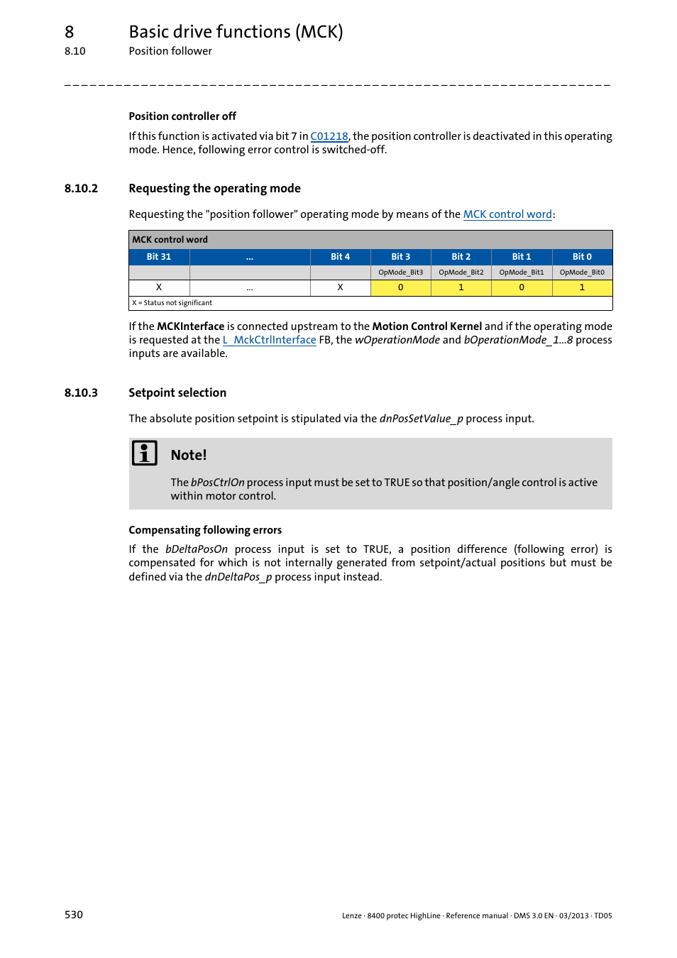 2 requesting the operating mode, 3 setpoint selection, Requesting the operating mode | Setpoint selection, 8basic drive functions (mck) | Lenze 8400 User Manual | Page 530 / 1494