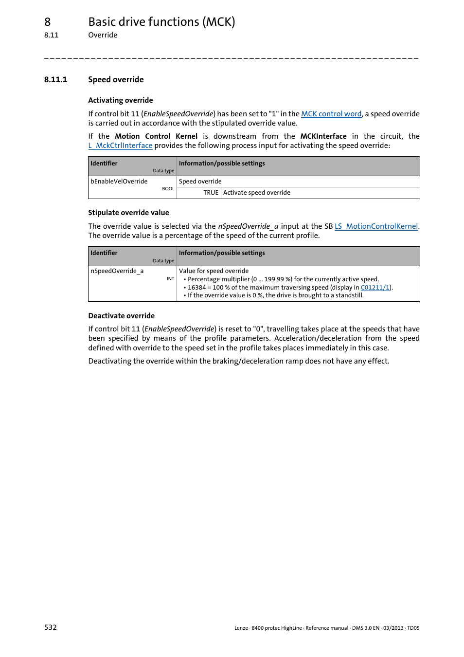 1 speed override, Speed override, Speed override ( 532) | 8basic drive functions (mck) | Lenze 8400 User Manual | Page 532 / 1494