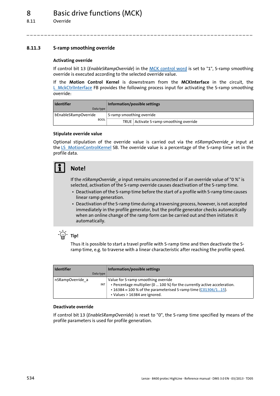 3 s-ramp smoothing override, S-ramp smoothing override, 8basic drive functions (mck) | Lenze 8400 User Manual | Page 534 / 1494