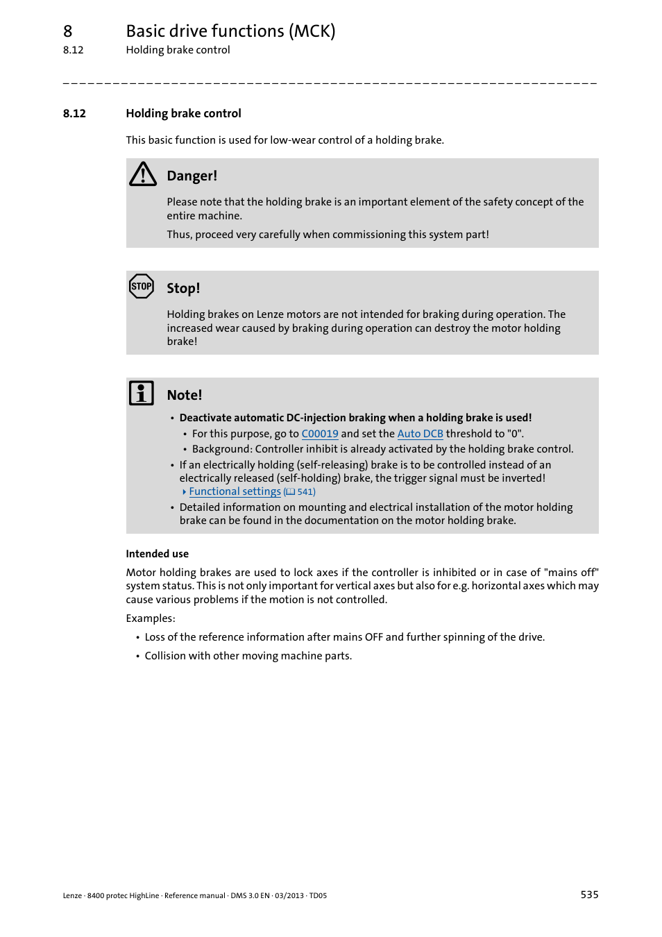 12 holding brake control, Holding brake, Control | Holding brake control, The basic, Function, 8basic drive functions (mck) | Lenze 8400 User Manual | Page 535 / 1494