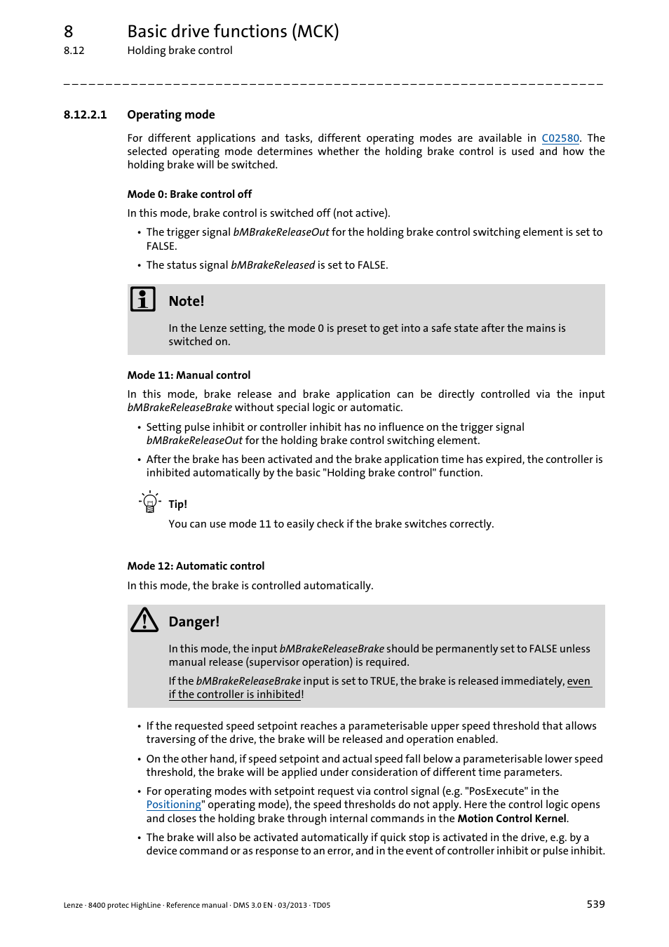 1 operating mode, Operating mode, 8basic drive functions (mck) | Lenze 8400 User Manual | Page 539 / 1494