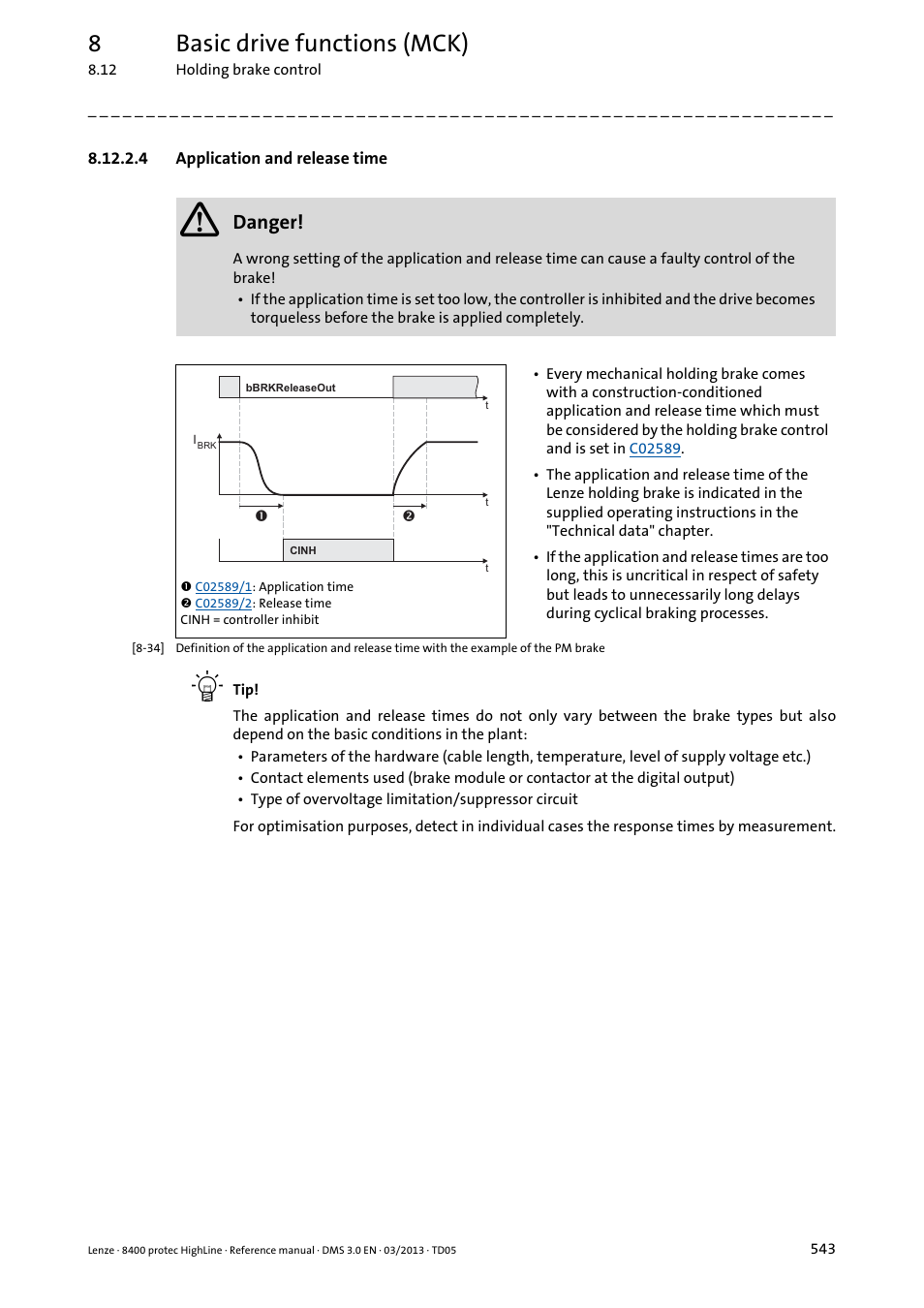 4 application and release time, Application and release time, 8basic drive functions (mck) | Danger | Lenze 8400 User Manual | Page 543 / 1494