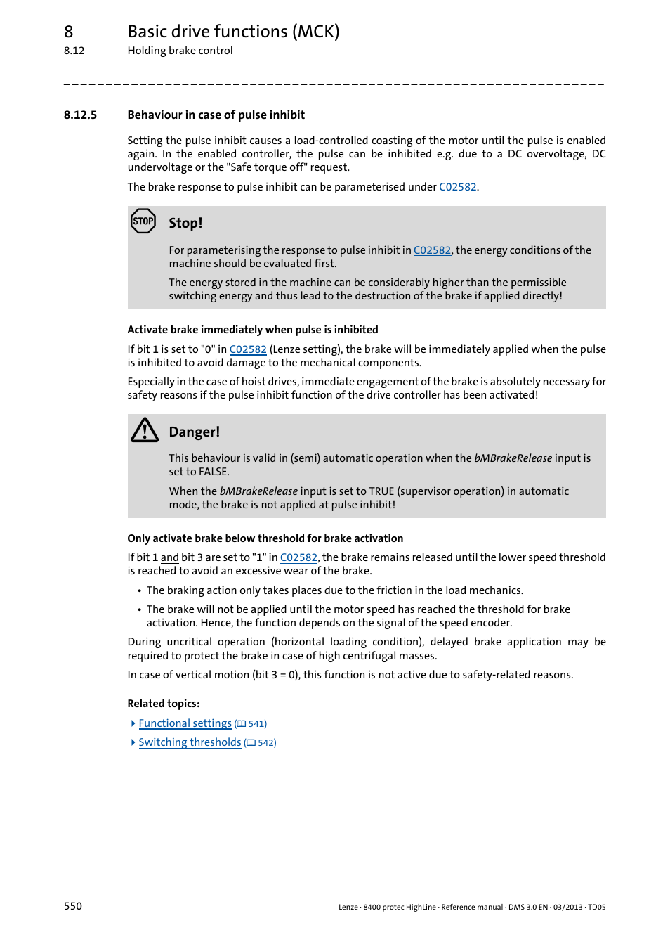 5 behaviour in case of pulse inhibit, Behaviour in case of pulse inhibit, 8basic drive functions (mck) | Lenze 8400 User Manual | Page 550 / 1494