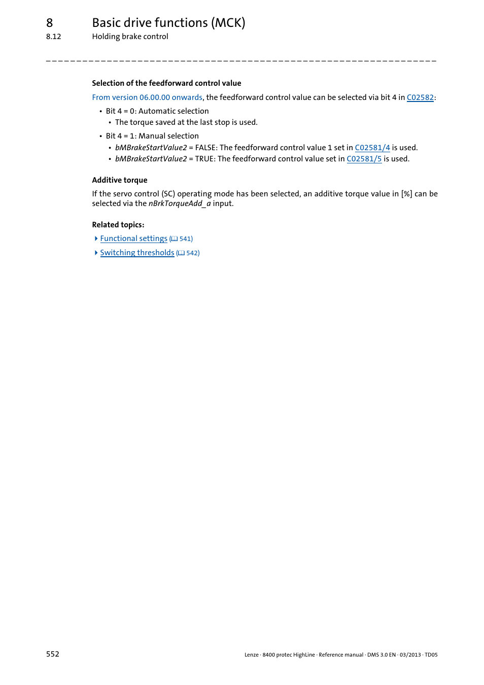 8basic drive functions (mck) | Lenze 8400 User Manual | Page 552 / 1494