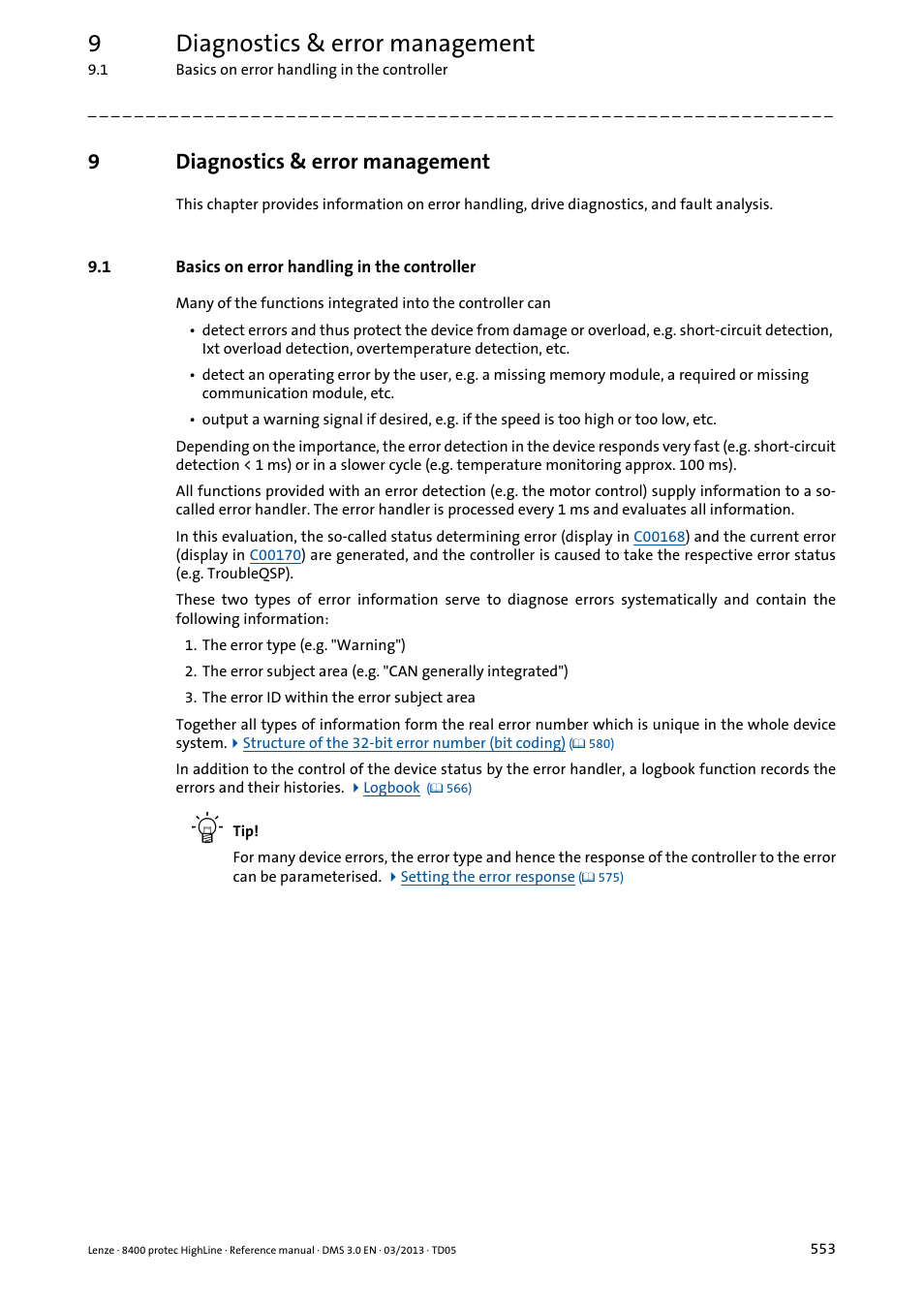 9 diagnostics & error management, 1 basics on error handling in the controller, Diagnostics & error management | Basics on error handling in the controller, Diagnostics & error, Management, Chapter, 9diagnostics & error management | Lenze 8400 User Manual | Page 553 / 1494