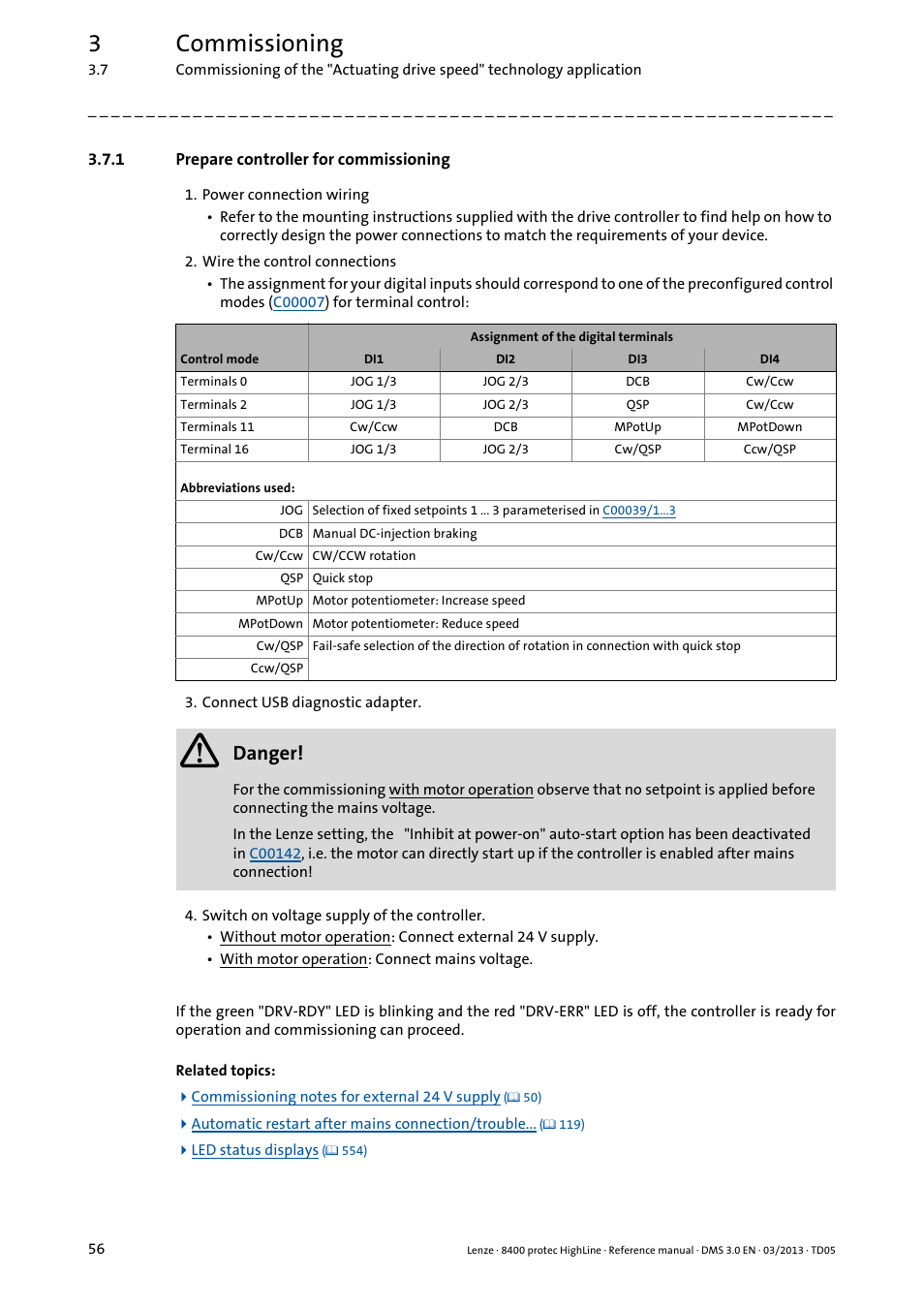 1 prepare controller for commissioning, Prepare controller for commissioning, 3commissioning | Danger | Lenze 8400 User Manual | Page 56 / 1494