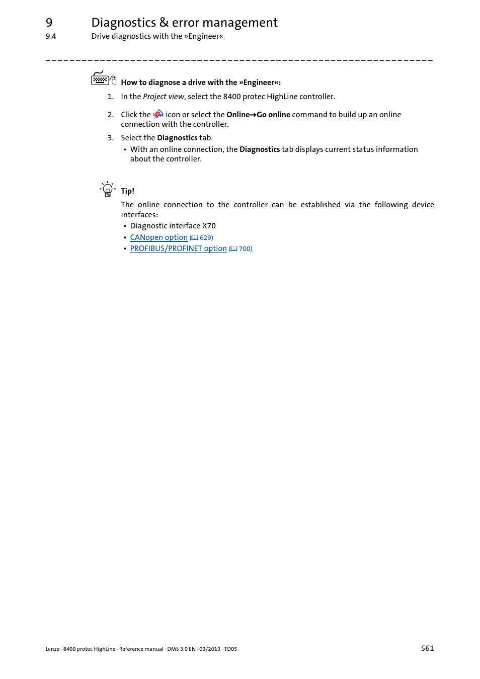 9diagnostics & error management | Lenze 8400 User Manual | Page 561 / 1494