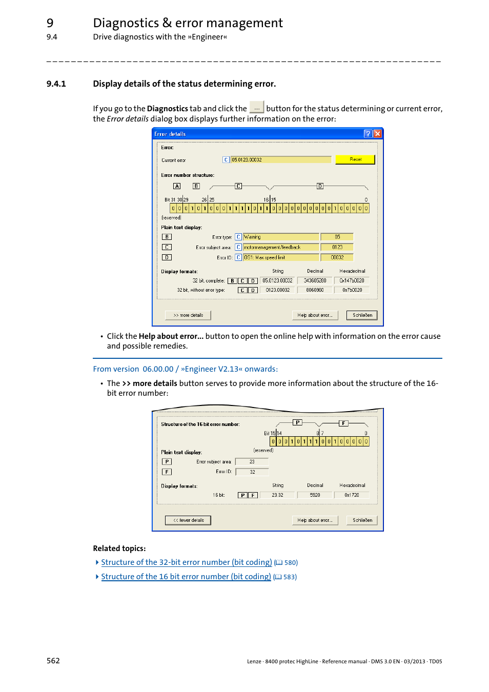 1 display details of the status determining error, Display details of the status determining error, 9diagnostics & error management | Lenze 8400 User Manual | Page 562 / 1494