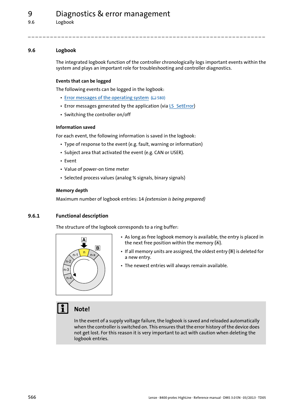 6 logbook, 1 functional description, Logbook | Functional description, And their histories, Y the logbook, 9diagnostics & error management | Lenze 8400 User Manual | Page 566 / 1494