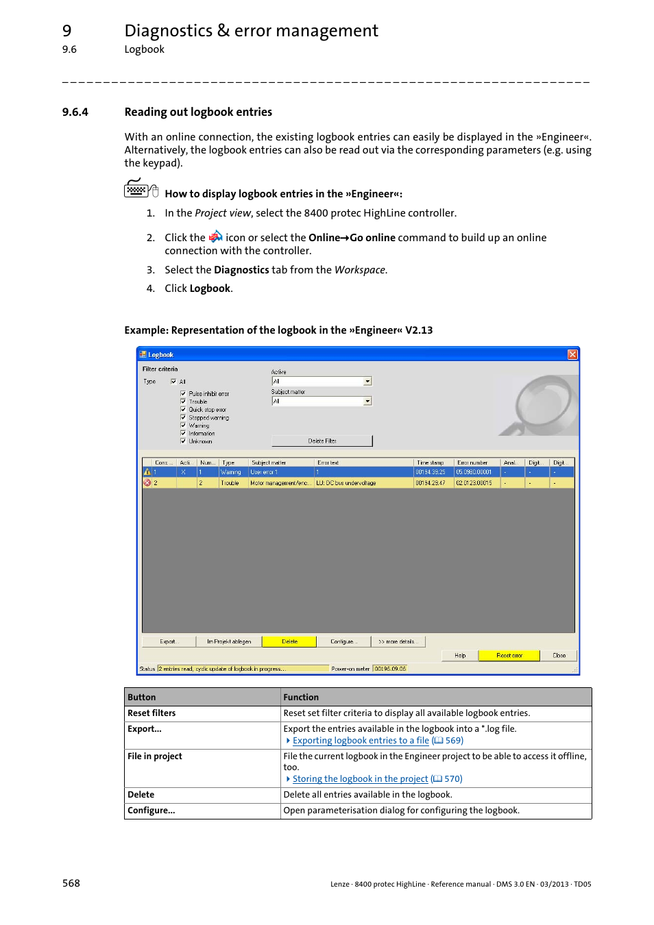 4 reading out logbook entries, Reading out logbook entries, 9diagnostics & error management | Lenze 8400 User Manual | Page 568 / 1494