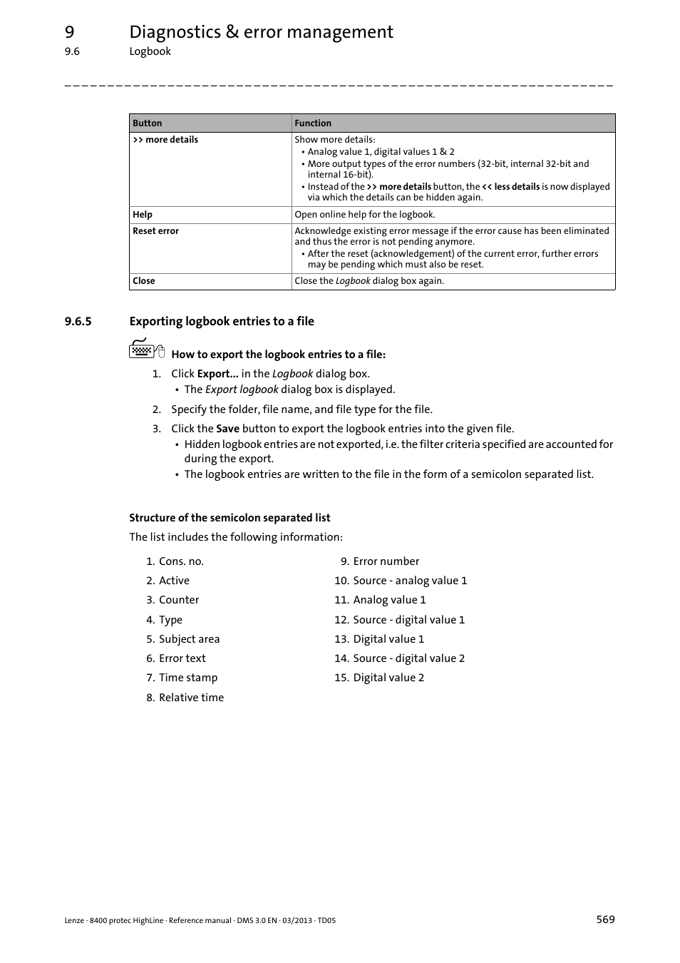 5 exporting logbook entries to a file, Exporting logbook entries to a file, Exporting logbook entries to a file ( 569) | 9diagnostics & error management | Lenze 8400 User Manual | Page 569 / 1494