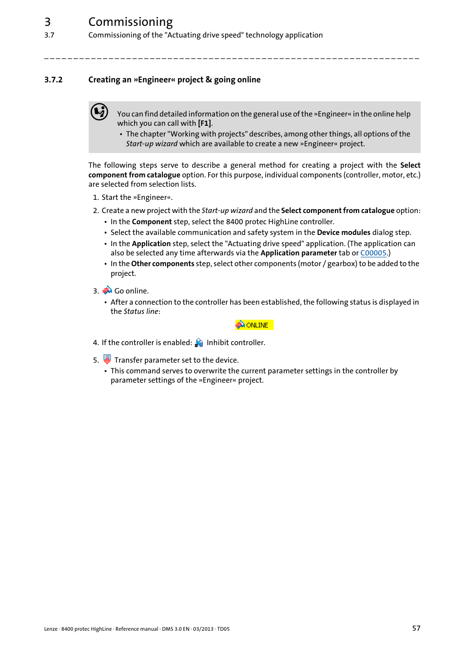 2 creating an »engineer« project & going online, Creating an »engineer« project & going online, 3commissioning | Lenze 8400 User Manual | Page 57 / 1494
