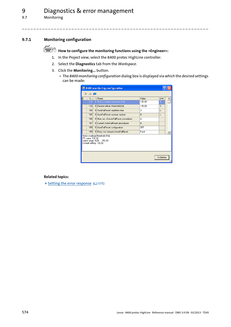 1 monitoring configuration, Monitoring configuration, 9diagnostics & error management | Lenze 8400 User Manual | Page 574 / 1494